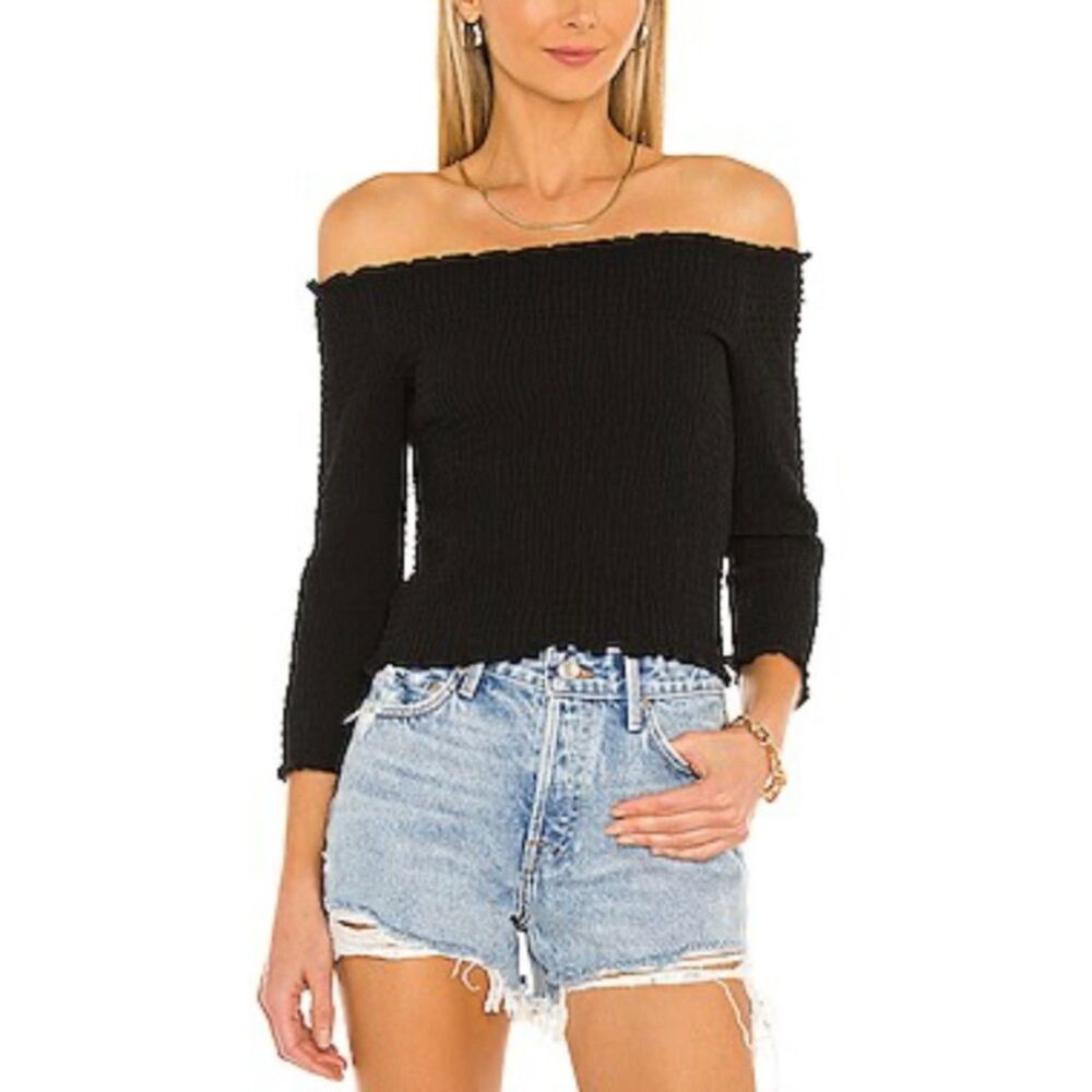 Revolve 1. STATE Smocked Off Shoulder Blouse Black Sz XS